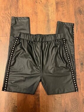 Black Faux Leather Leggings with Studded Trim